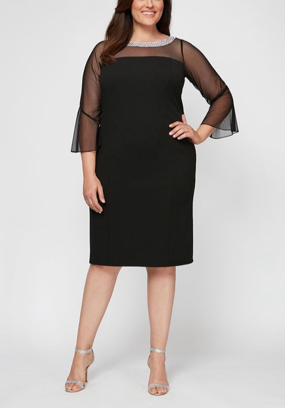 Alex Evenings Embellished Illusion Sheath Dress Womens 14 Black Sheer Rhinestone